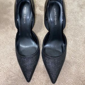 Marc Fisher Krysta 2 Black Sparkly and Patent
Leather Stiletto Heels